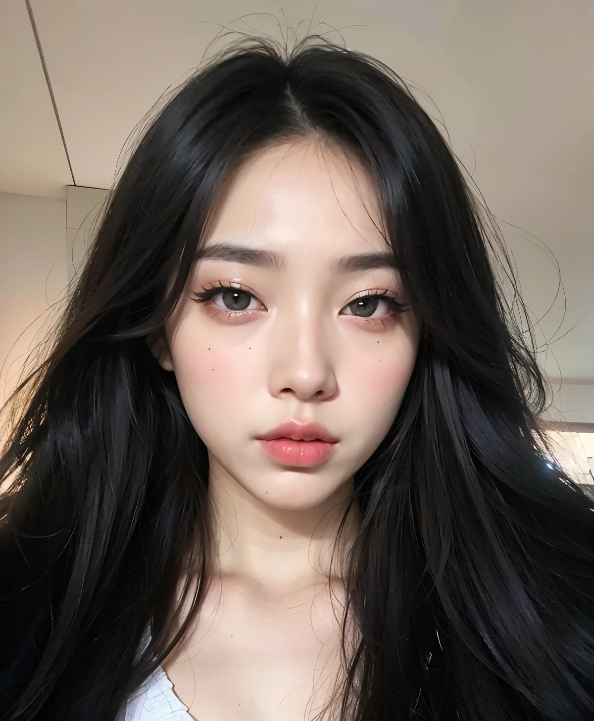Un primer plano de una mujer con cabello largo y negro y una camisa blanca, cruel korean goth girl, maquillaje popular de Corea del Sur, beautiful south Mujer coreana, maquillaje coreano popular, Chica coreana, ulzzang, Korean symmetrical face, gorgeous young Mujer coreana, Rasgos de la cara coreana, beautiful young Mujer coreana, Mujer coreana, Cara sexy con maquillaje completo, Beautiful aesthetic face