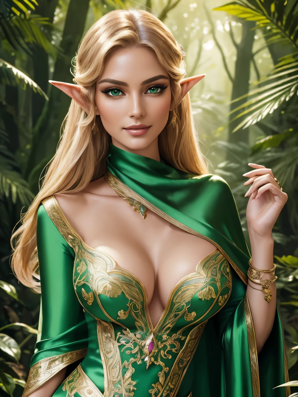 Masterpiece illustration, very detailed face, an immortal sexy elf with timeless beauty, long elegant slim face, defined cheekbones, stunning and beautiful smile, detailed eyeliner and eyeshadow, elegant light hair, enchanting and elegant, detailed full cleavage, very sexy slim figure, elegantly sexy, silk cape, vibrant green silk clothes, in a vibrant magical forest, ambient light, rim light,