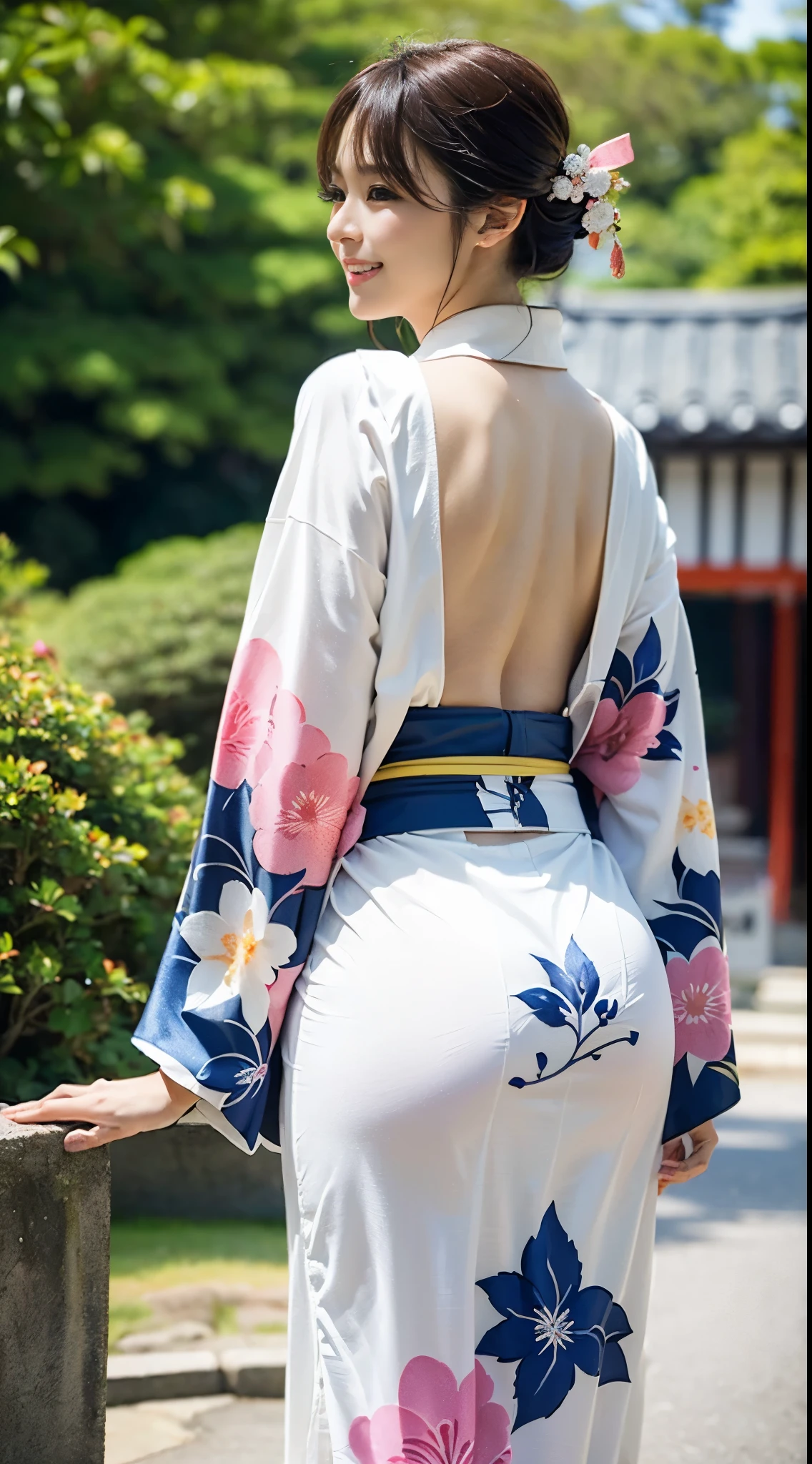 (((A beautiful woman wearing a long-sleeved kimono and visiting a shrine))),(((A gravure idol who looks good in Japanese clothes is squatting))),(((masutepiece:1.6))),(((ulzzang-6500))),(((perfect anatomia:1.6))),(((Deep depth of field with Hasselblad))),(((Sexy waist))),​masterpiece,top-quality,超A high resolution,High detailed portrait,(photographrealistic:1.4),(((High nose and chiseled beautiful face))),(((Long limbs like a model))),The fair-skinned nape of the neck is dazzling,(((She is wearing beautiful formal Japanese clothing that shows off her body lines.))),Raise your chin and look up at the sky,((Full body shot from the rear)),Cute 20 years old, Her long, lustrous chestnut hair flutters in the wind.,((Proud F cup beautiful breasts )),(I can&#39;t get enough of my waistline),(Famous popular actresses of Japan),(Tuck your chin, raise the corners of your mouth and eyebrows, and smile),A detailed eye,((Gravure photoshoot at a shrine with an elegant atmosphere full of trees)),((Gaze staring at the sky,long lashes,big eye,Distinct double eyelids,((shiny thick lips)),(((perfect anatomia:1.4))),