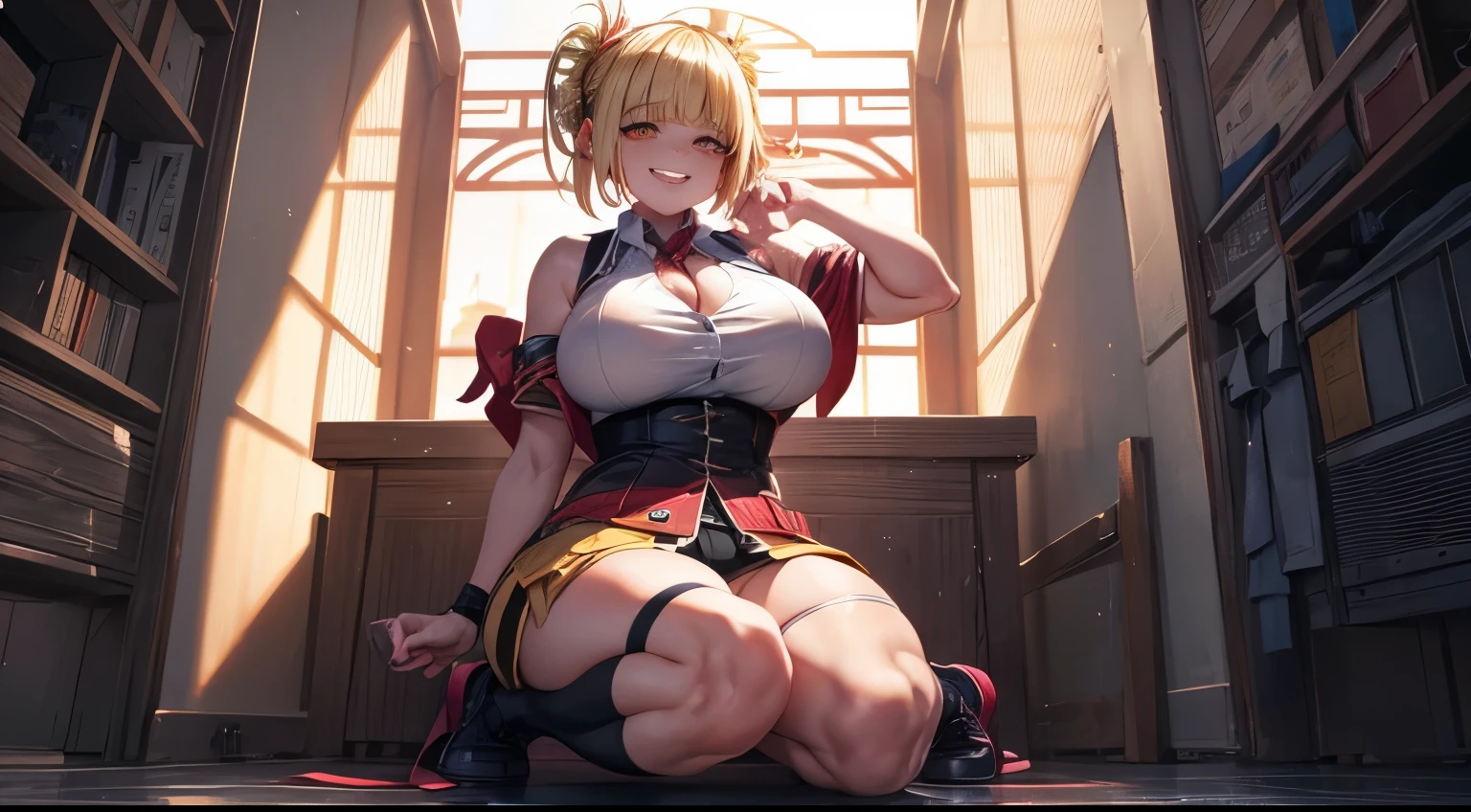 Himiko Toga, she is a delinquent, athletic, curvy, muscular, yellow eyes, smiling at viewer, smugly, beautiful, high quality, detailed, full body, 4K, HDR, RAW