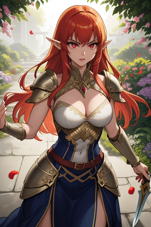 (best quality, high resolution, masterpiece: 1.2), ultra detailed, fiery elven warrior, red-haired elf wielding two daggers, expressive and piercing red eyes, flame tattoos on arms, strong and graceful; In a vibrant, carefully crafted garden, flowers in full bloom surround her, vibrant colors and overhead lighting enhance her fierce presence. The elf's flowing red hair cascades down, catching the light and adding to the dynamic atmosphere, while her eyes, full of determination and intensity, draw the attention of everyone who looks at her. The details of her face, including her elegant yet sharp elven features and beautifully detailed lips, perfectly portray her strength and femininity. Her attire consists of lightweight, intricately designed armor adorned with intricate patterns that reflect elven culture and her title as a skilled warrior. The armor shines with a metallic shine, making it stand out even more against the vivid background. The garden itself is a masterpiece of nature, combining vibrant and contrasting colors in the flora that surrounds our protagonist. The scene is bathed in warm, golden sunlight, creating a serene and ethereal environment. The sunlight filtered through the leaves creates a captivating play of light and shadow, further highlighting the delicate and subtle details of the environment, from the smallest petals to the smallest insects flying. The overall effect is a harmonious, breathtaking work of art that captures the essence of this elven warrior's strength, beauty, and fiery spirit.