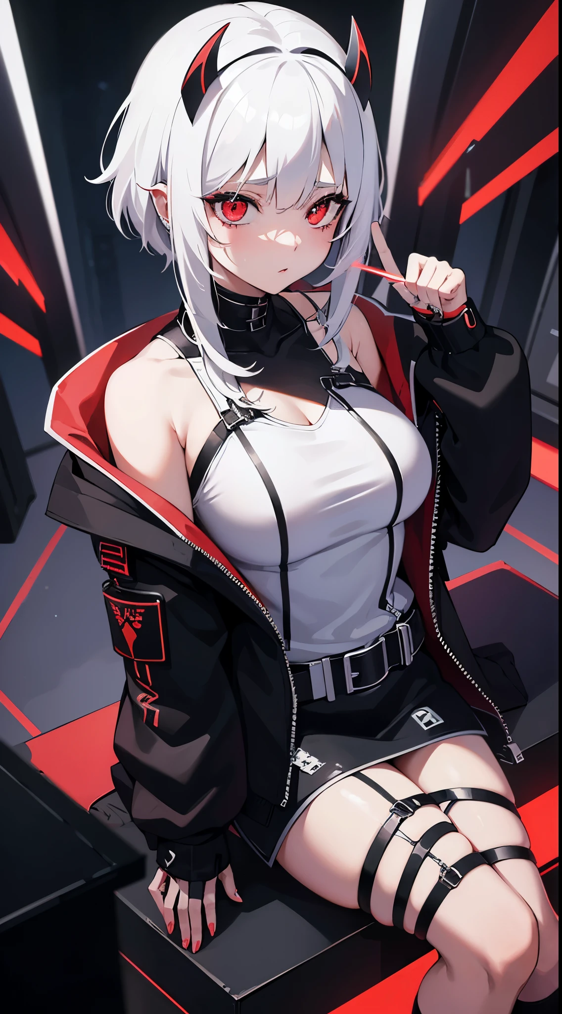 1 girl, white hair, oversized black hoodie, cyber daemon, loli, cyberpunk, ((cyber horns)), red eyes, cyberware, dreamy cyberpunk girl, cyberpunk art ultrarealistic,