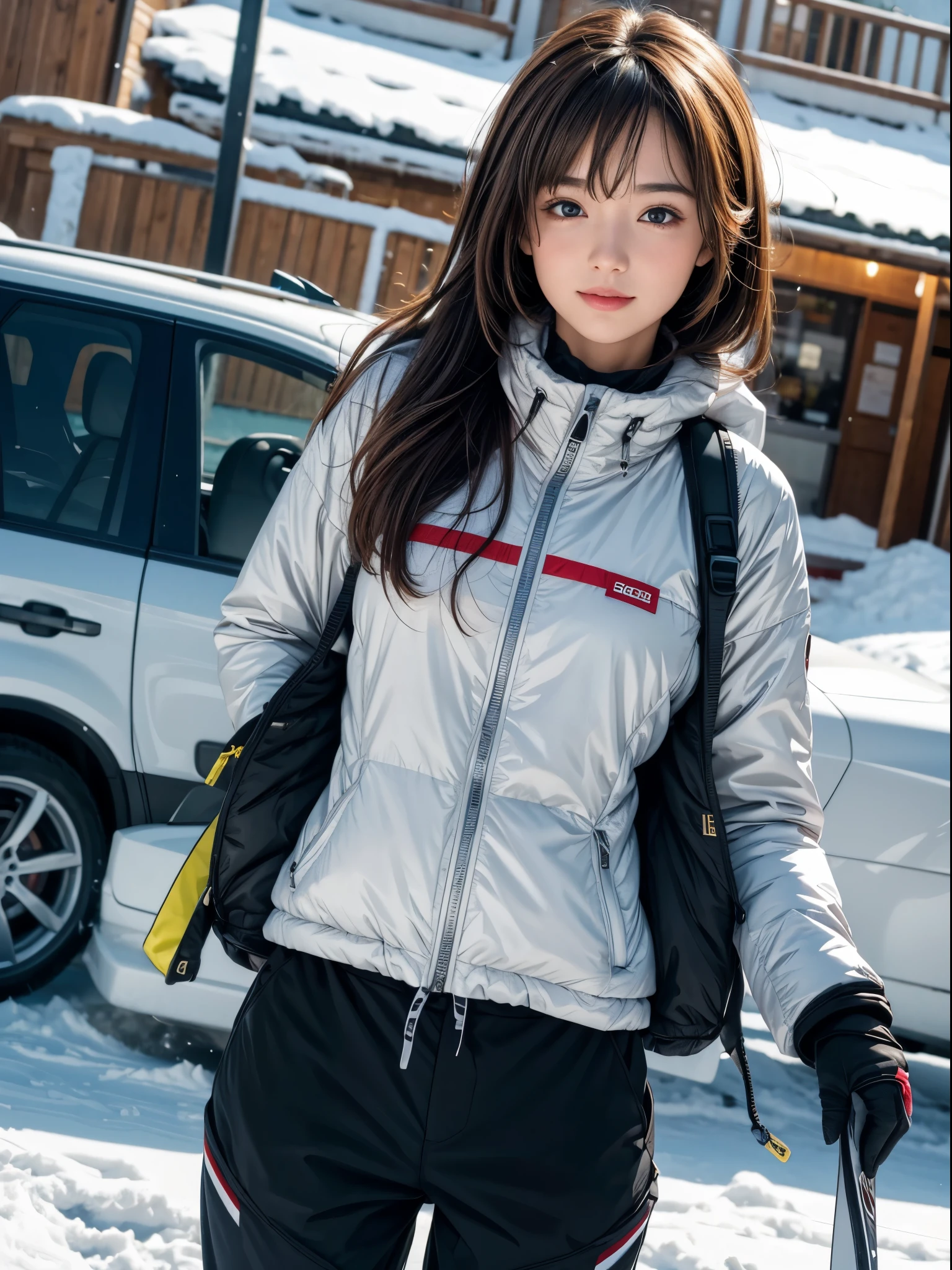 (8k,masterpiece, RAW photo,best quality:1.4),(photo realistic:1.2),(extremely detailed face),(shiny skin),(detailed skin),(detailed face),(extremely beautiful face),cute face,1girl, young woman, looking at viewer,Japanese idle(actress), brown hair,medium hair,straight hair,asymmetrical bangs,smile,glamor,large breasts, Wearing ski wear, ski pants and ski gloves, At a snowy ski resort,high position,uplight