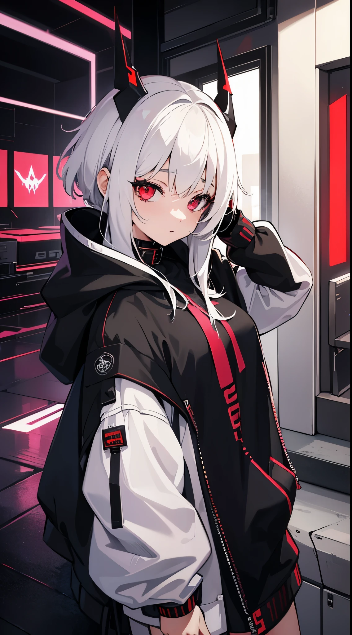1 girl, white hair, oversized black hoodie, cyber daemon, , cyberpunk, ((cyber horns)), red eyes, cyberware, dreamy cyberpunk girl, cyberpunk art ultrarealistic,