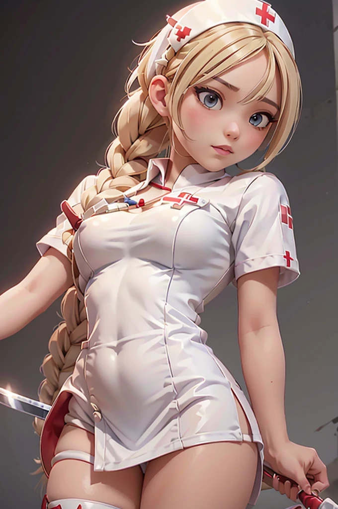 1girl, Blonde braided hair, Warrior Nurse with sword on the battlefield, dressed in Glossy White Leather with Red Cross Symbol, Nurse.