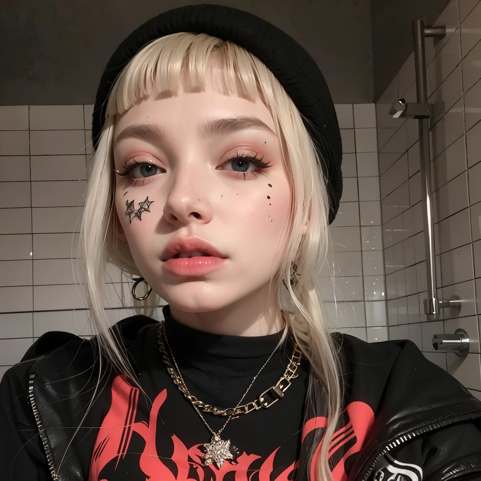 Blonde woman with piercings and a black shirt in a bathroom., Retrato de Kim Petras, 1 7 - - old h girl, pale goth beauty, goth girl aesthetic, she Parece una mezcla de grimes, very piel blanca muy, very pale, piel blanca muy, very pale, gothic aesthetic, Parece una mezcla de grimes, cabello rubio muy, very pale