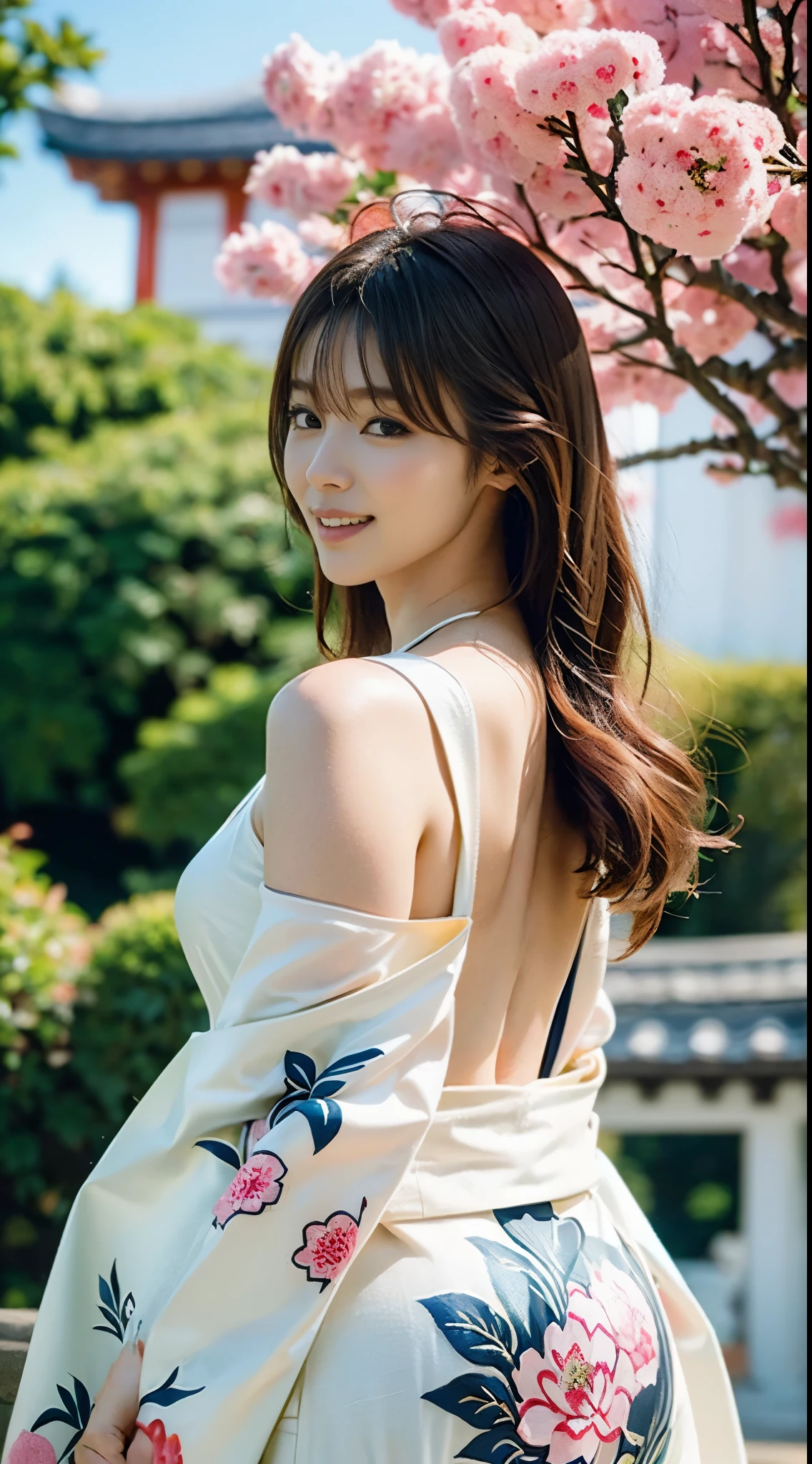(((A beautiful woman wearing a long-sleeved kimono and visiting a shrine))),(((Gravure idols who look good in Japanese clothes))),(((masutepiece:1.6))),(((ulzzang-6500))),(((perfect anatomia:1.6))),(((Deep depth of field with Hasselblad))),(((Sexy waist))),masterpiece,top-quality,超A high resolution,High detailed portrait,(photographrealistic:1.4),(((High nose and chiseled beautiful face))),(((Long limbs like a model))),The fair-skinned nape of the neck is dazzling,(((She is wearing beautiful formal Japanese clothing that shows off her body lines.))),Raise your chin and look up at the sky,((Full body shooting from the side)),Cute 20 years old, Her long glossy chestnut hair is tied up and the nape of her neck is sexy.,((Proud F cup beautiful breasts )),(I can't get enough of my waistline),(Famous popular actresses of Japan),(Look over your shoulder and smile with the corners of your mouth and eyebrows raised),A detailed eye,((Gravure photoshoot at a shrine with an elegant atmosphere full of trees)),((Gaze staring at the sky,long lashes,big eye,Distinct double eyelids,((shiny thick lips)),(((perfect anatomia:1.4))),