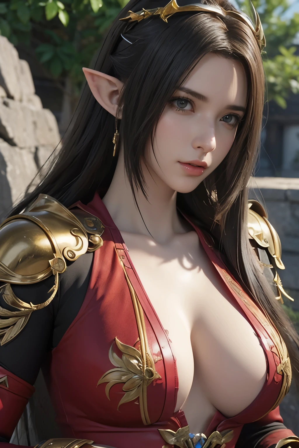 Masterpiece,The best qualities,Very high resolution,8K,((Portrait)),((Head close-up)),Original photo,real photo,digital photography,(A female adventurer who combines medieval fantasy with punk),(Adventurer,Mercenary),24-year-old girl,(Long hair of random color),(Red pupil),(Beautiful pupilig breasts),(Pointy ears,Elf ears),Noble and charming,Elegant and beautiful,serioave,(Magic Battle Suit in Fantasy Style,The combination of metal and leather,Cloak,A fine pattern of dress,Complicated badges,Metallic luster,Joint Armor,Coat open),medieval characterantasy style,Explorers in fantasy works,Photo pose,Outdoor background,Movie lights,Ray tracing,Game CG,((3D Unreal Engine)),oc render reflection texture