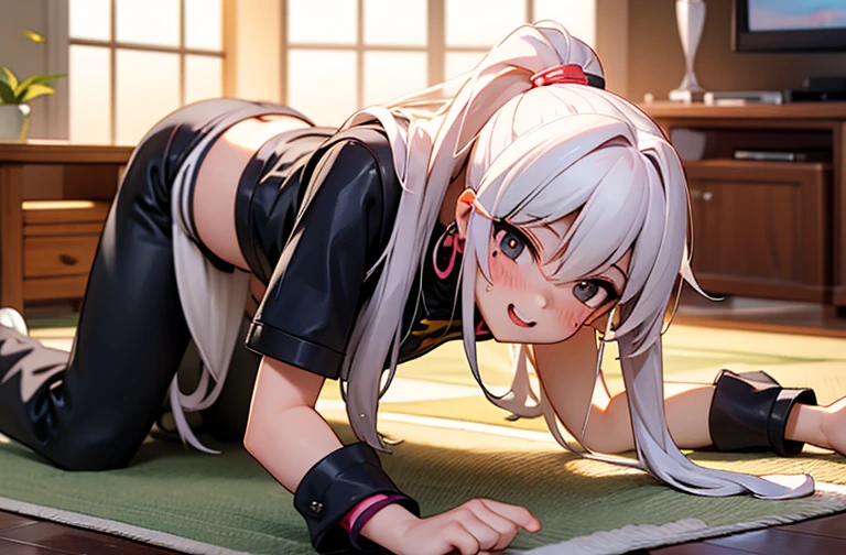 Darkskin man, graphic 4k, detail, white hair, white dreadlocks, grey eyes, grey colored eyes, croptop, spike braclets, black jacket, emo, ebony man, wild, beauty mark, beauty mark on cheekbone, mole on face, male, boy, living room, sitting on bed, chilling, smile, pushups, home exercise, rug floor, exercise position, muscular back, cumming, ejaculation, cum, penis, big penis, moaning, pleasured, penis big as a forearm, veiny penis, cross eyed, female looking male, sissy, solo, soft lighting, sensual colors, cum strings,