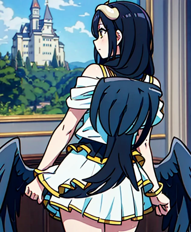 high resolution, sharp focus, pixiv masterpiece, ((intricate details)), highly detailed, 1 girl, black wings, short white dress with gold, skirt, short dress, white horns, albedo_overlord, black hair, (low wings ,:1.1), view from behind, castle on background