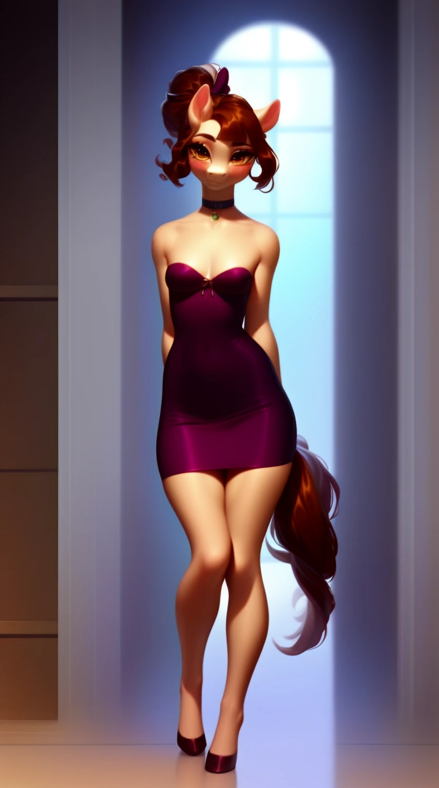(score_9), (source_derpibooru_p_95), (solo), ((anthro o.c pony 1.1)), (strapless dress), blushing, sad, anatomically correct, nice small breasts, solo, very cute young 13 year old teenage girl, high res, beautiful long neck, hair tied up, choker, realistic hair, thigh gap, petite, skinny legs,