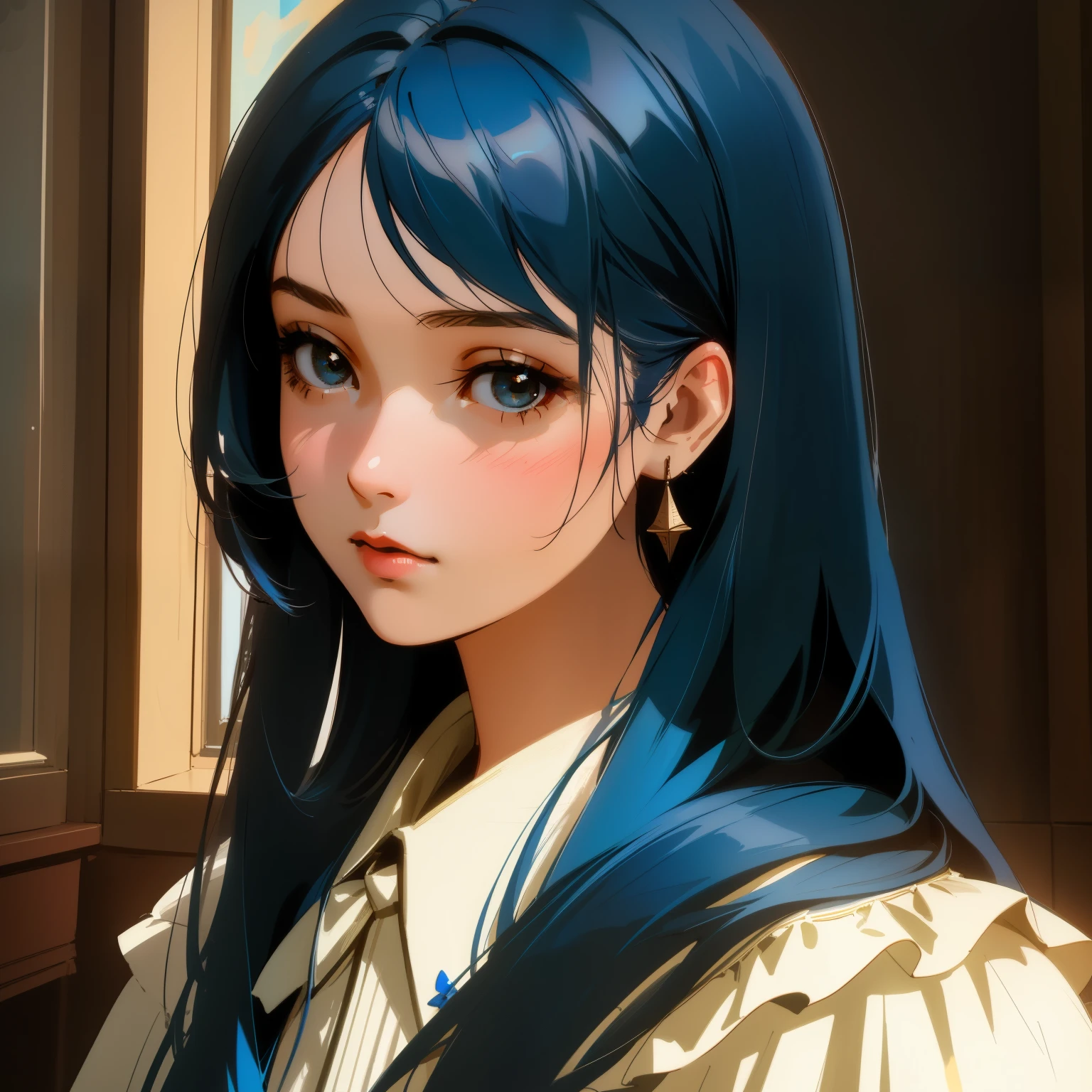 Generate an image of a young British girl with long blue hair and black eyes. (Portrait, Semi-Realistic Style, Indoor Setting, Natural Lighting, Medium Quality, Subtle Noise, Cool Colors, Realistic Brushwork, DeviantArt Influence, Vintage Clothing, Macro Lens)