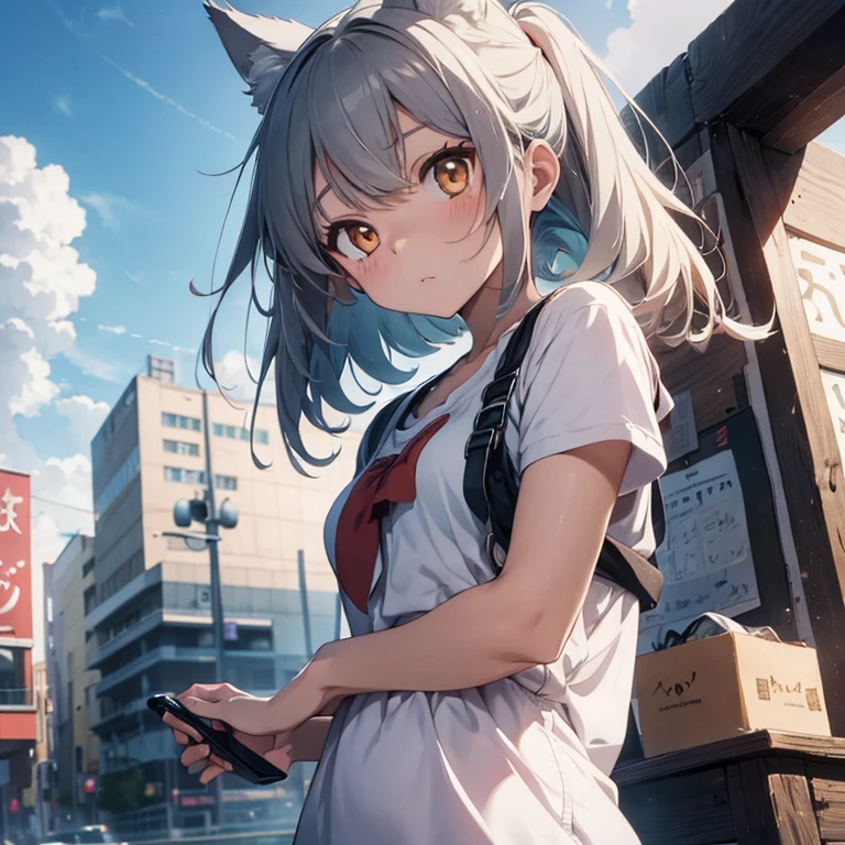 Anime wolf girl staring up at the starts with a sad expression while holding her phone