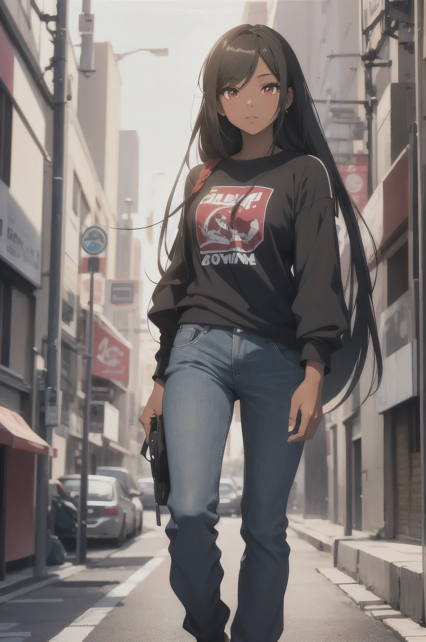 anime girl with long braids and red eyes, African American skin, black, brown skin,  beautiful, model, , wearing t shirt, pants,  full body shot, walking, city background, 4k, masterpiece, official art , highly detailed, rtx, ray tracing