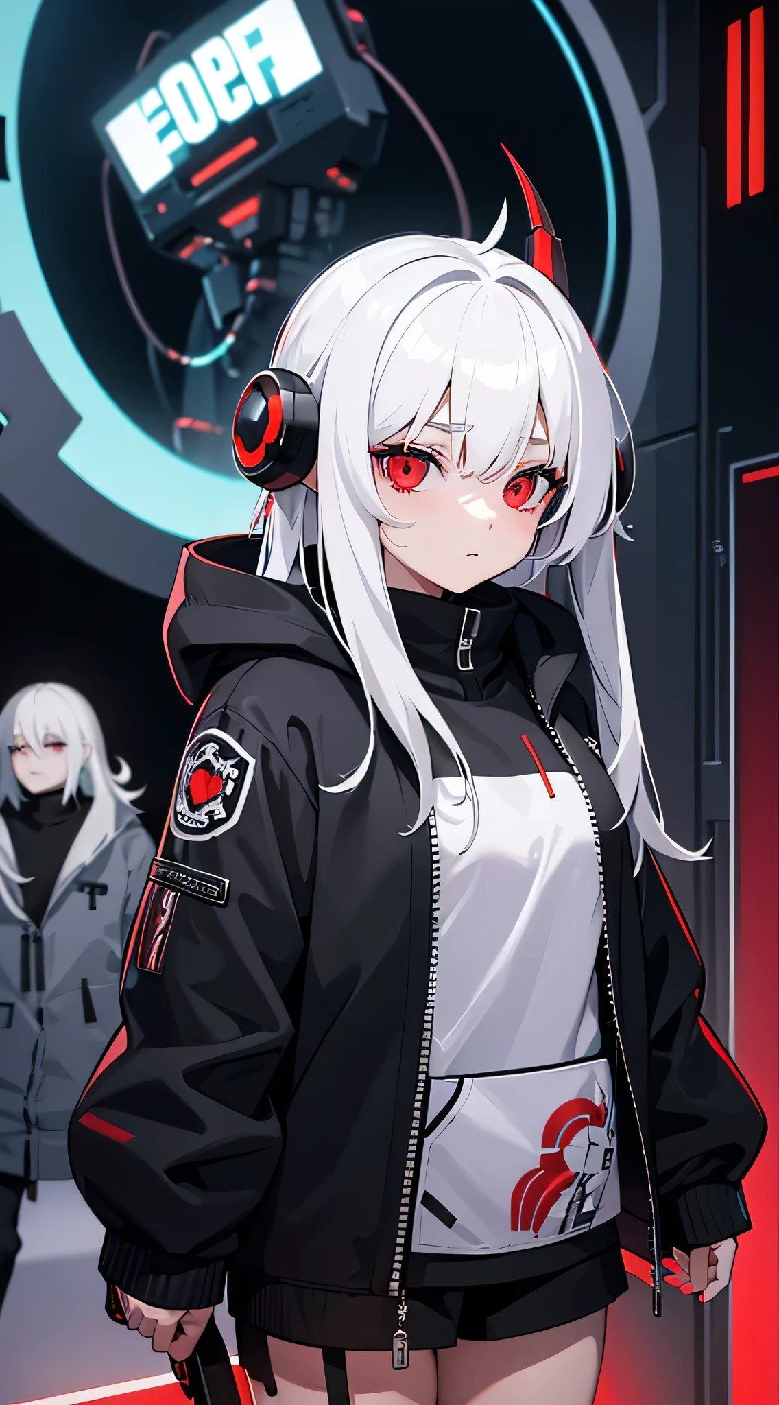 1 girl, white hair, oversized black hoodie, cyber daemon, , cyberpunk, ((cyber horns)), red eyes, cyberware, dreamy cyberpunk girl, cyberpunk art ultrarealistic, connected to machine, suspended in tube