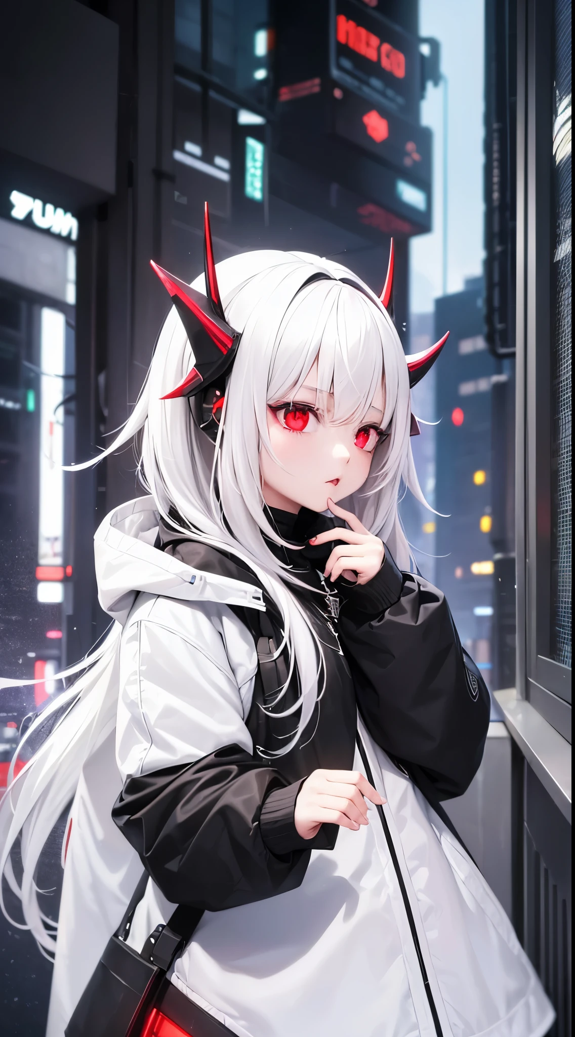 1 girl, white hair, oversized black hoodie, cyber daemon, loli, cyberpunk, ((cyber horns)), red eyes, cyberware, dreamy cyberpunk girl, cyberpunk art ultrarealistic,
