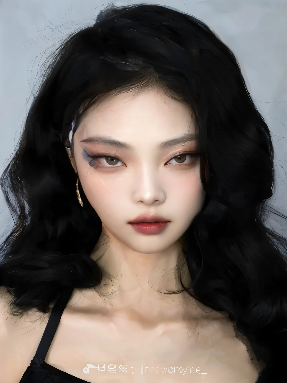 Jennie Blackpink with long black hair and a black bra top, maquiagem sul-coreana popular, maquiagem coreana popular, pale porcelain white skin, cruel korean goth girl, korean symmetrical face, pale skin and dark eyes, rosto sexy com maquiagem completa, olhar assustador, pale goth beauty, rosto pontiagudo e olhos cinzentos, porcelain pale skin, Inspirado em Jennie Kim, beautiful pale makeup