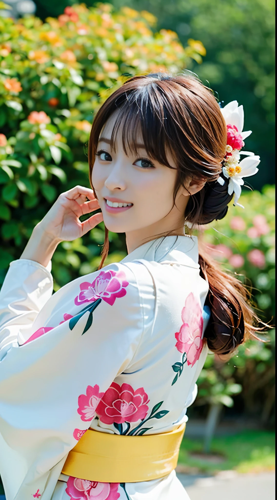 (((A beautiful woman wearing a long-sleeved kimono and visiting a shrine))),(((Gravure idols who look good in Japanese clothes))),(((masutepiece:1.6))),(((ulzzang-6500))),(((perfect anatomia:1.6))),(((Deep depth of field with Hasselblad))),(((Sexy waist))),masterpiece,top-quality,超A high resolution,High detailed portrait,(photographrealistic:1.4),(((High nose and chiseled beautiful face))),(((Long limbs like a model))),The fair-skinned nape of the neck is dazzling,(((She is wearing beautiful formal Japanese clothing that shows off her body lines.))),Raise your chin and look up at the sky,((Full-body shooting from the front)),Cute 20 years old, Her long glossy chestnut hair is tied up and the nape of her neck is sexy.,((Proud F cup beautiful breasts )),(I can't get enough of my waistline),(Famous popular actresses of Japan),(Look over your shoulder and smile with the corners of your mouth and eyebrows raised),A detailed eye,((Gravure photoshoot at a shrine with an elegant atmosphere full of trees)),((Gaze staring at the sky,long lashes,big eye,Distinct double eyelids,((shiny thick lips)),(((perfect anatomia:1.4))),