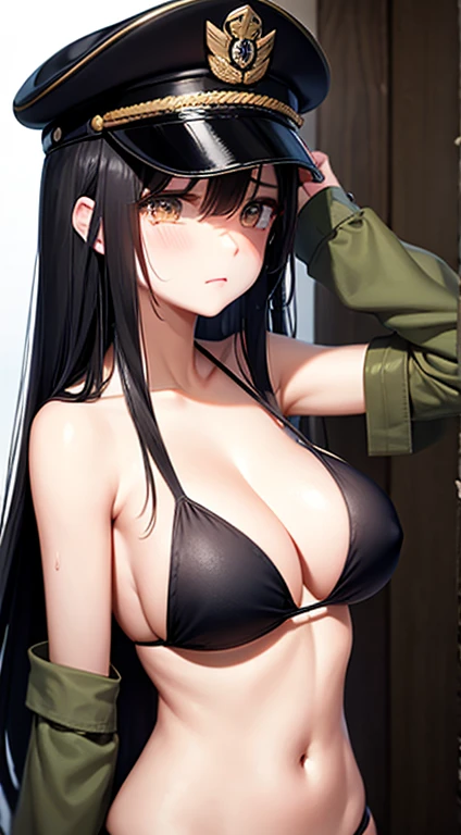 bikini, military cap, crying, long black hair, breast, sad face