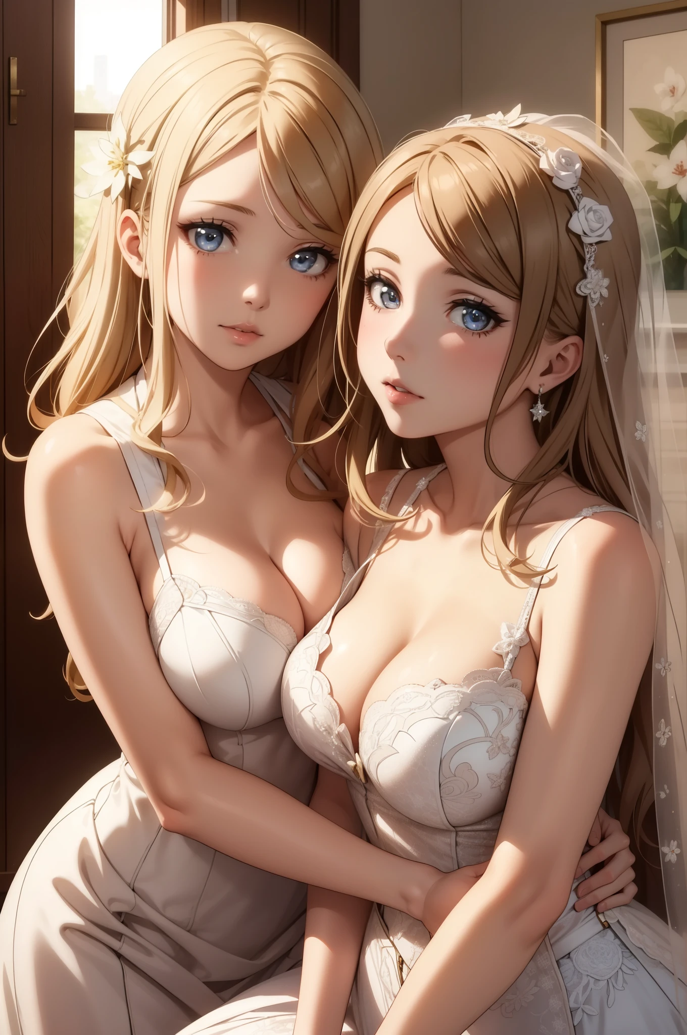 2girls, multiple girls, natural lighting, masterpiece, highly detailed, illustration, game CG, absurdres, high quality, glossy lips, looking at viewer, lips parted, cleavage, wedding dress, collarbone, ayase eli, asaye arisa