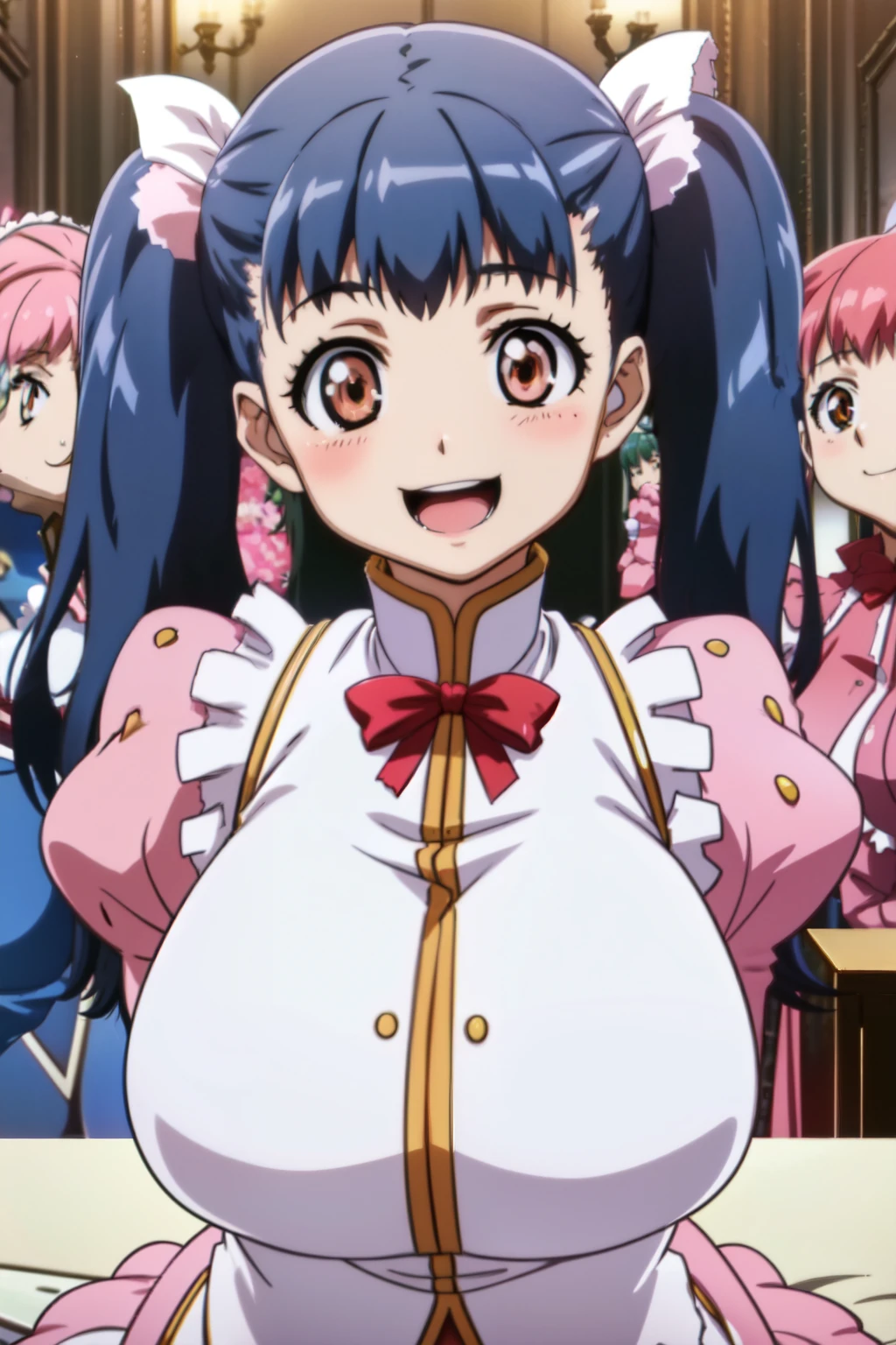 masutepiece, Best Quality, 超A high resolution, beautiful detailed hair detailed face, Perfect feminine face, , Smile, Konoshigeに触発されたアニメの絵, pixiv, danbooru, (Konoshige_(Lüeun)), (((pink sleeves、White frills on twin tails,Red ribbons,White and pink skirt,White and pink maid clothes,Blue hair color,Opening Mouth,Orange Eyes,(Happy smile),Twin tail,Huge breasts,tusk,azulejo_(gravity),two side up))), ((huge-breasted:1.4)),breast apart, (Sage breasted), (Sitting on the sofa), Wall background, taking photographs:Unomakoto