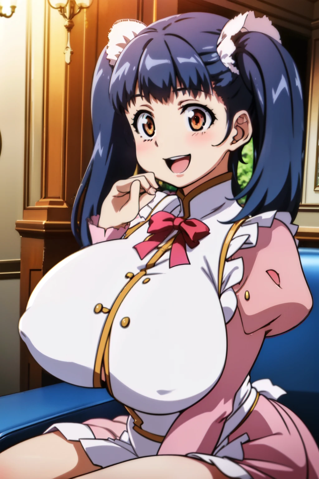 masutepiece, Best Quality, 超A high resolution, beautiful detailed hair detailed face, Perfect feminine face, , Smile, Konoshigeに触発されたアニメの絵, pixiv, danbooru, (Konoshige_(Lüeun)), (((pink sleeves、White frills on twin tails,Red ribbons,White and pink skirt,White and pink maid clothes,Blue hair color,Opening Mouth,Orange Eyes,(Happy smile),Twin tail,Huge breasts,tusk,azulejo_(gravity),two side up))), ((huge-breasted:1.4)),breast apart, (Sage breasted), (Sitting on the sofa), Wall background, taking photographs:Unomakoto