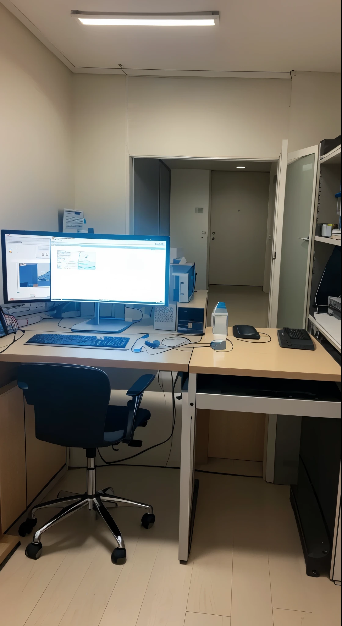 {Photos taken with an ultra-high resolution camera}、{8K photo quality:1.2}、{ultra-high resolution photo quality:1.2}、{Ultra-realistic1.2}、masterpiece、a research lab at a pharmaceutical company、An empty laboratory、、with no people、no person、personal computers、I have a lot of computers