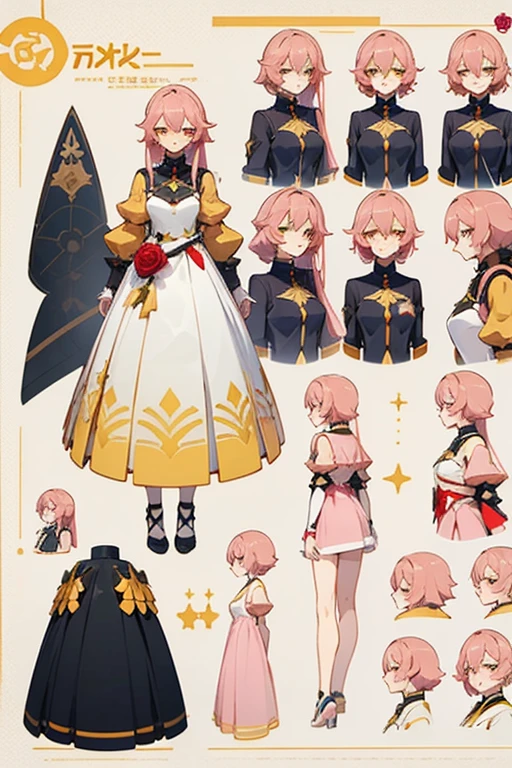 raspberry long hair wearing yellow on her hair, rose pink dress, anime character reference sheet,, full body!, [ character design ], design sheet, character reference sheet, golden brown eyes, single character full body honkai star rail style, , official artwork, CG,