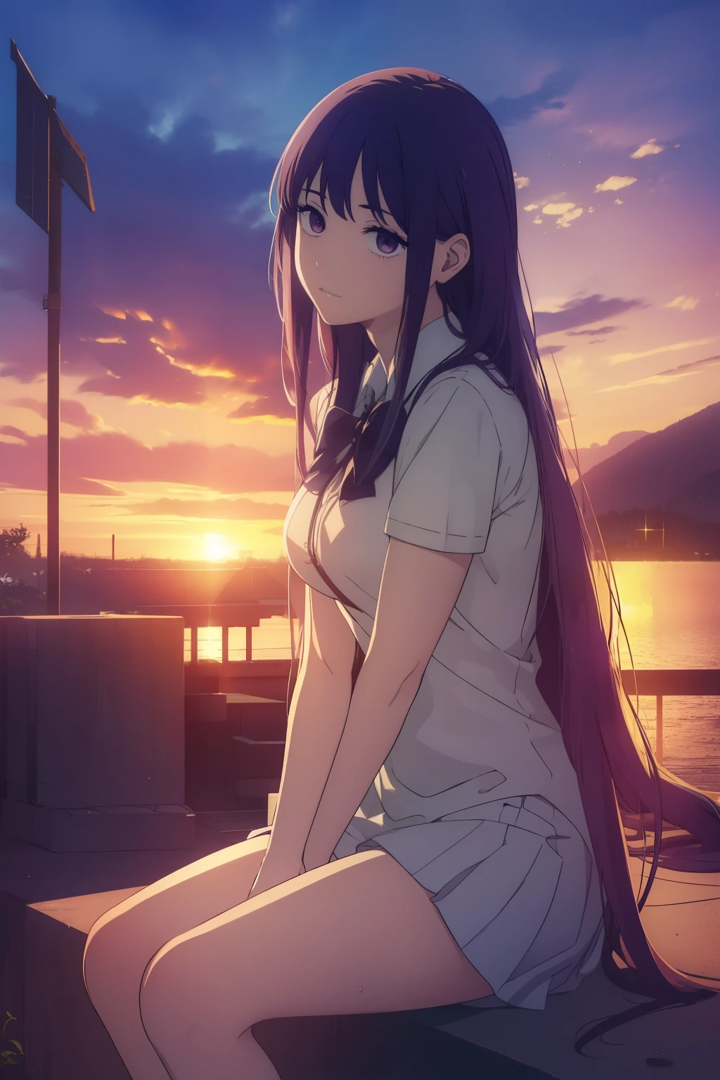 ((((Obra maestra, La mejor calidad, ultrahigh resolution)))), ((perfect anatomy)), 1girl, long hair, purple hair, sitting on floor, w legs, school uniform, concrete, ((outside)), steps, evening sunlight, sunset, professional photography, looking at viewer