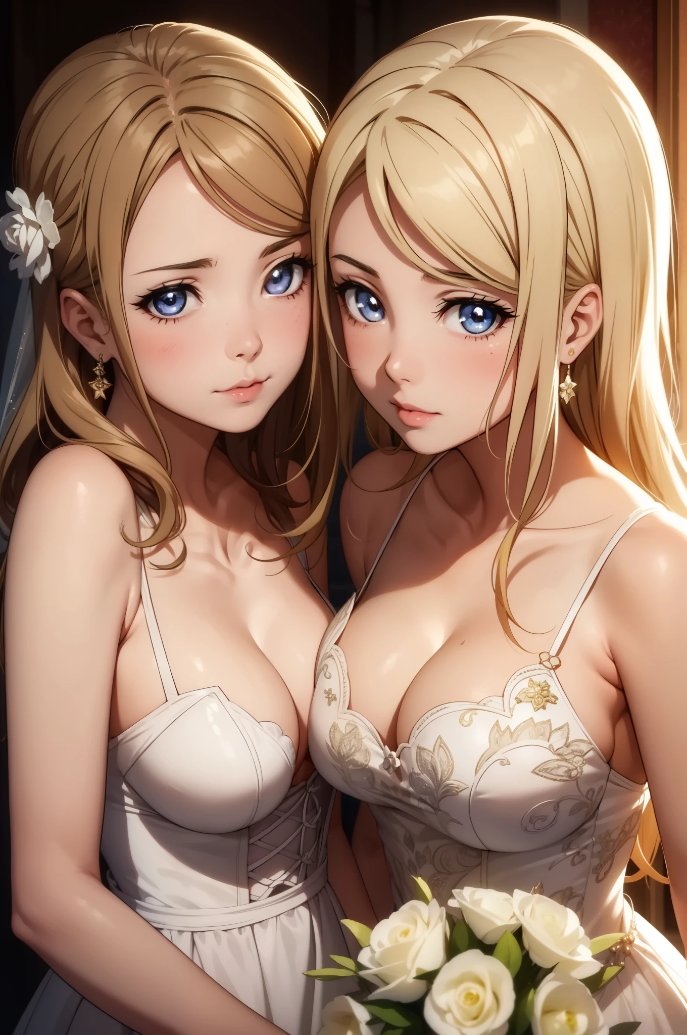 2girls, multiple girls, natural lighting, masterpiece, highly detailed, illustration, game CG, absurdres, high quality, glossy lips, looking at viewer, lips parted, cleavage, wedding dress, collarbone, ayase eli, ayase arisa