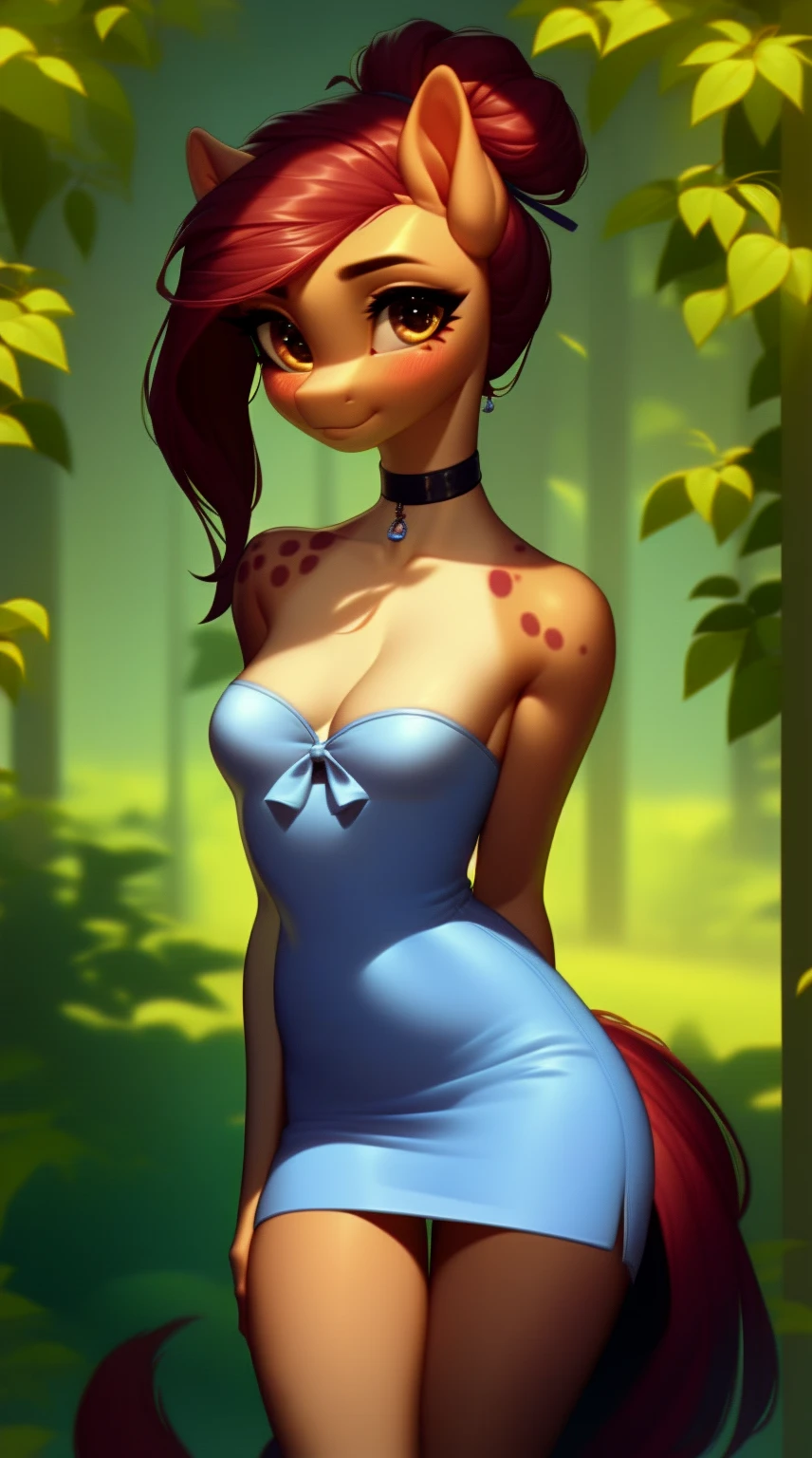 (score_9), (source_derpibooru_p_95), (solo), ((anthro o.c pony 1.1)), (strapless dress), blushing, sad, anatomically correct, nice small breasts, solo, very cute young 13 year old age girl, high res, beautiful long neck, hair tied up, choker, realistic hair, thigh gap, petite, skinny legs,
