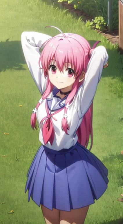 (((pixel-perfect, detail-perfect))), solo, 1girl, yui, school uniform, looking at viewer, smile, :d, wave, lying, on back, on grass, cowboy shot, smile, spread arms, arms up, center, closed mouth,