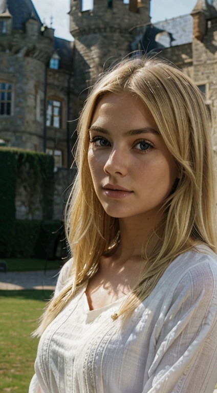 Realism blonde beautiful woman blankly staring in front of a castle
