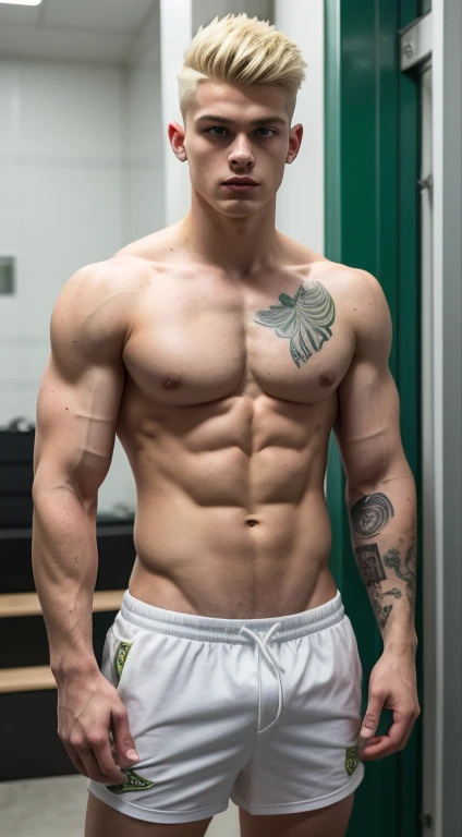 White young man, 18 years old, low taper fade haircut, blonde hair, intense green eyes fixed, intense gaze, affiliated features, no facial hair, height 1.93, weight 96 kg, aesthetic muscular build, sleeves tattoos ,broad shoulders, V-shaped body, full body focus, completely hairless,