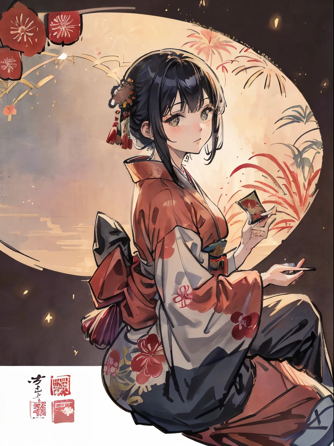 kimono、komono、moderno、A Japanese style、colourfull、Black hair okata、New Year's card、Background fireworks、Soft lighting