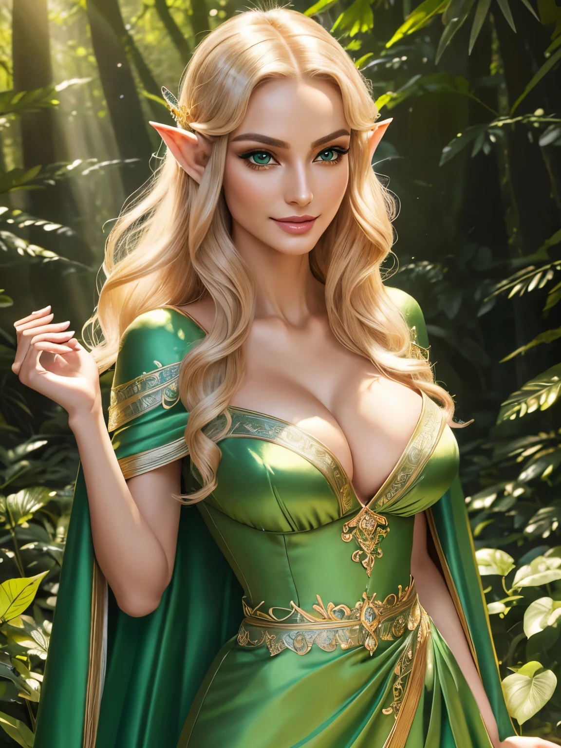 Masterpiece illustration, very detailed face, an immortal sexy elf with timeless beauty, long elegant slim face, defined cheekbones, stunning and beautiful smile, detailed eyeliner and eyeshadow, elegant light hair, enchanting and elegant, detailed full cleavage, very sexy slim figure, elegantly sexy, silk cape, vibrant green silk clothes, in a vibrant magical forest, ambient light, rim light,