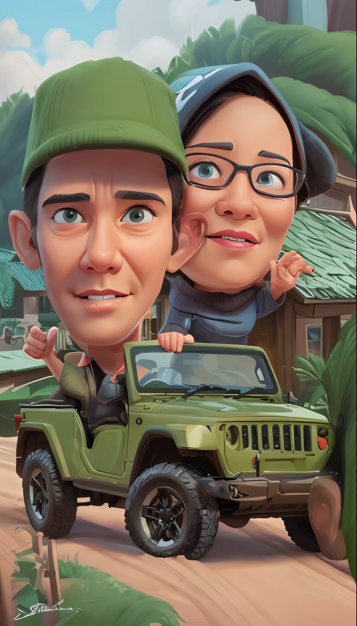 cartoon caricature of a man and a woman driving a jeep, cartoon digital painting, cartoon artstyle, digital cartoon painting art, realism artstyle, cartoon art style, adventure hyper realistic render, detailed 2d illustration, mobile game art, caricature style, cartoon style illustration, artwork in the style of guweiz, inspired by Rudy Siswanto, cartoon pixar style