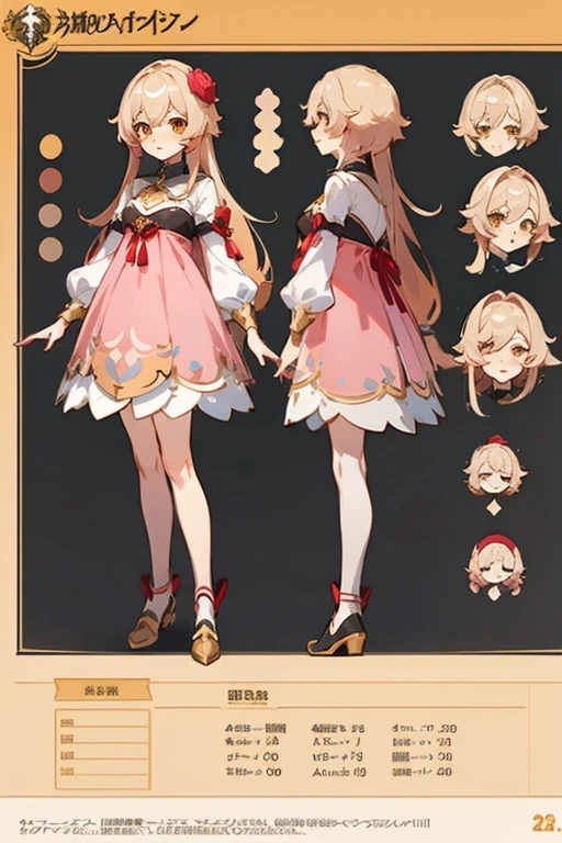 raspberry long hair wearing yellow rose on her hair, rose pink dress, anime character reference sheet,, full body!, [ character design ], design sheet, character reference sheet, golden brown eyes, single character full body genshin impact style, , official artwork, CG,