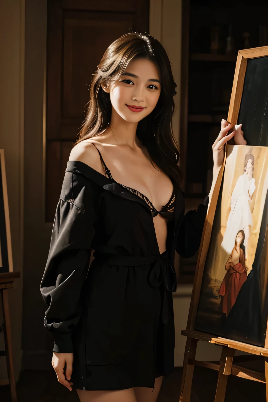Woman painting oil painting on canvas in atelier,Easel,antique,A smile,,Sweet and seductive appearance.、Caravaggio's paintings、Chiaroscuro of Caravaggio,,Cute smile, Expression of ecstasy,erotick,A sexy,Seduce you,oil paint brush,oil painting palette