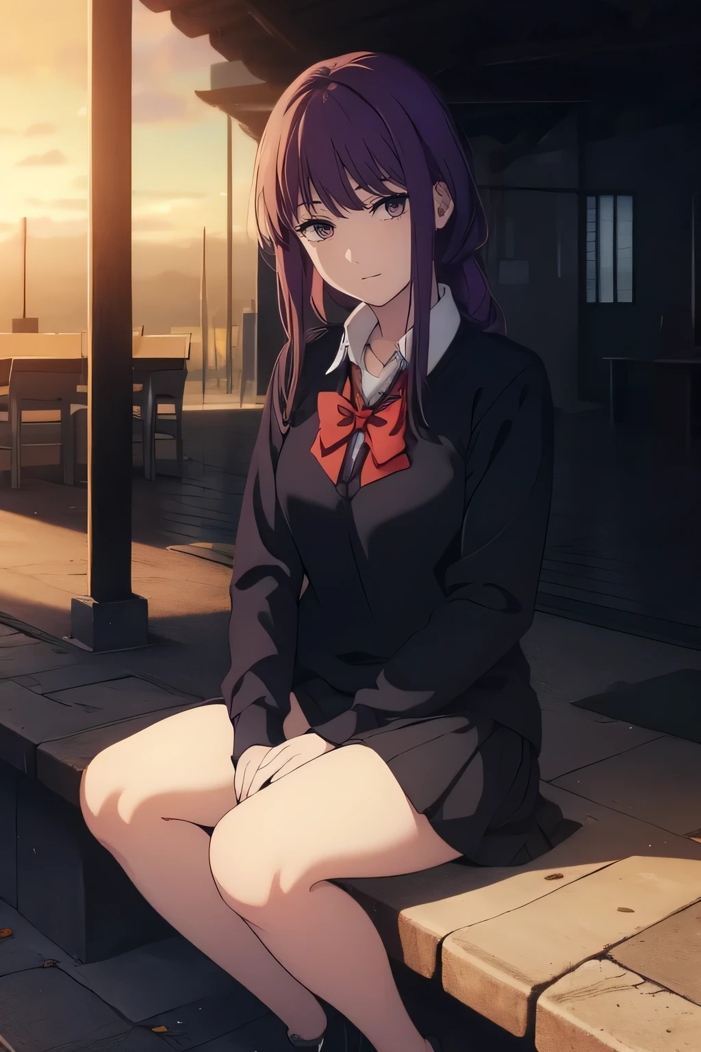 ((((Obra maestra, La mejor calidad, ultrahigh resolution)))), ((perfect anatomy)), 1girl, long hair, purple hair, sitting on floor, w legs, school uniform, concrete, ((outside)), steps, evening sunlight, sunset, professional photography, looking at viewer