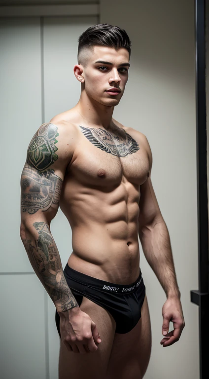 White young man, 18 years old, low taper fade haircut, black hair, green eyes fixed, intense gaze, affiliated features, no facial hair, height 1.93, weight 96 kg, aesthetic muscular build, polinesian sleeves tattoos ,broad shoulders, V-shaped body, full body focus, completely hairless,