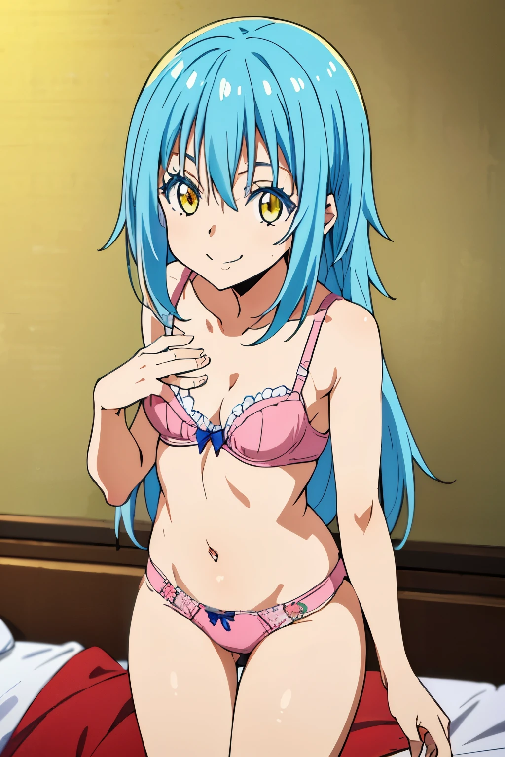 masterpiece, best quality, wallpaper, 1girl, solo, looking at viewer , rimuru_tempest, blue hair, yelow eyes, long hair, ((((small breast)))),(panties), bedroom, smile, bra, (((lycoris challenge)))