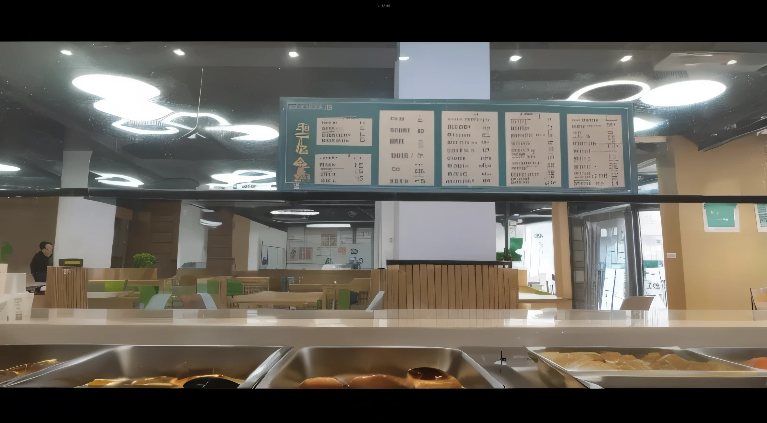 自助餐中间有一个menu board, wide screen shot, 3 6 0 capture, ground level camera view, Very very low quality, overlaid with chineseidol adverts, delicacies, overlaid with chineseidol text, ground-level view, Slightly cloudy lighting, ground-level view, shenzhen, post-processed), chineseidol, No blur, from street level。Community cafeteria，Food intake port，menu board，Seating area。Generate original images into animation scenes。