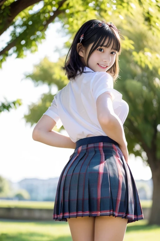 (((masterpiece))), (((Full body photo))), (One beautiful Japan girl, Innocence,kawaii) ,超A high resolution, Realistic, ultra-detailliert, 8K,top-quality, Extremely detailed, Detailed background,A slender,very beautiful japanese girl, Detailed face:1.3), (Bery short hair,Cute Hair Ornament,A dark-haired :1.4), (a baby face,kawaii系,adorable 14 year old girl), (Perfect body:1.1), (White shirt,Red Check Ribbon,Red plaid mini skirt、Dark blue high socks、lowfers), On the lawn of the park,ask for a smile,Show your beautiful teeth,((Focus on the crotch,The skirt is rolled up、Panties are visible,Underwear is sheer)),Looking back、sexy pose,rosy cheeks,Super Detailed Face、Detailed lips、A detailed eye、small gravure idol,Transparent skin、ta,japanese hight school uniform,Shade,Under a big tree,Photorealistic:1.37,no-makeup,Neutral Lighting,((posterior view))、Enlarge the buttocks、Looking up from the ground