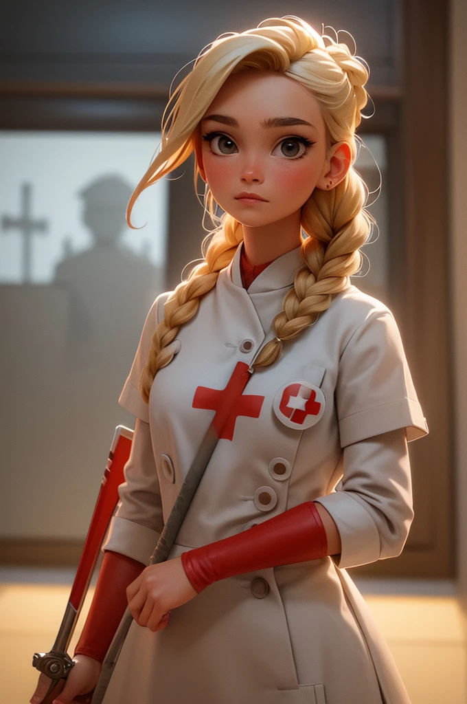 1girl, Blonde braided hair, Warrior Nurse with sword on the battlefield, dressed in Glossy White Leather with Red Cross Symbol, Nurse.