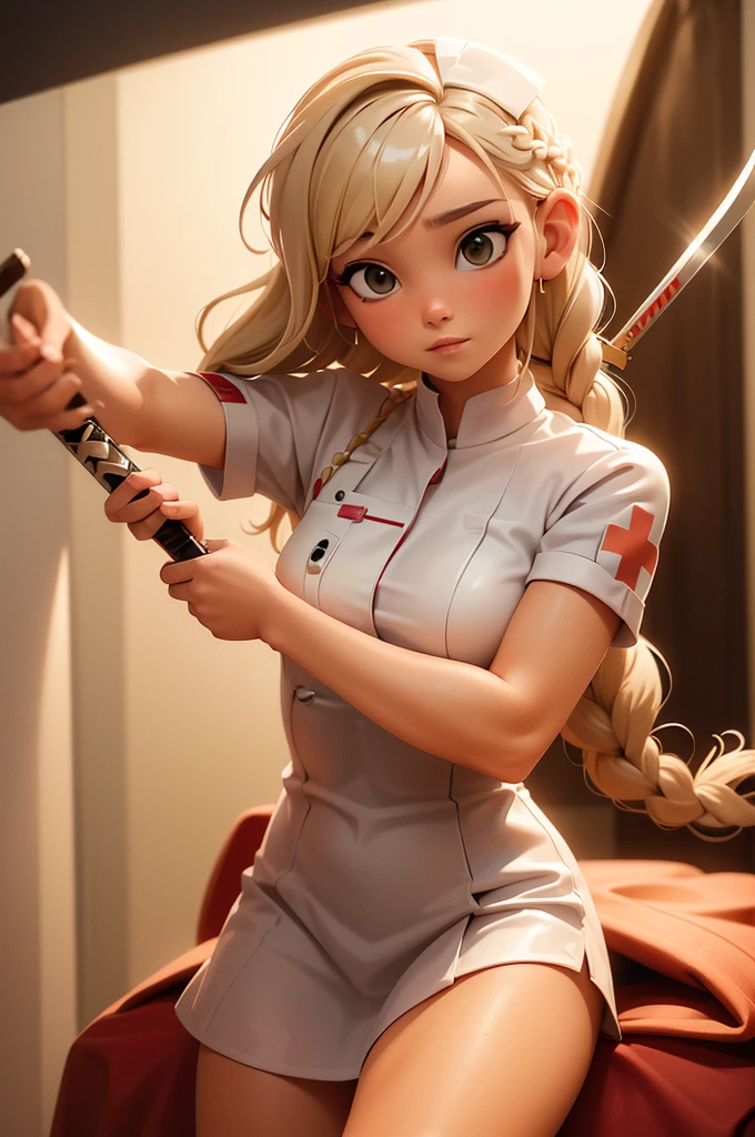 1girl, Blonde braided hair, Warrior Nurse with sword on the battlefield, dressed in Glossy White Leather with Red Cross Symbol, Nurse.