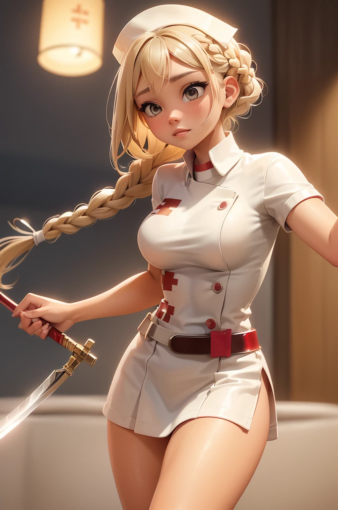 1girl, Blonde braided hair, Warrior Nurse with sword on the battlefield, dressed in Glossy White Leather with Red Cross Symbol, Nurse.