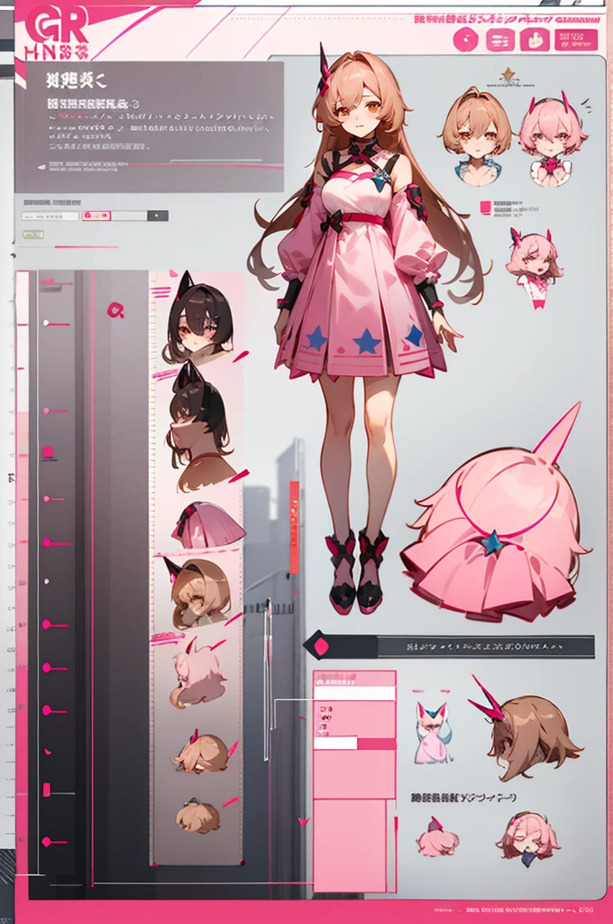 raspberry brown pink long hair wearing  pink dress cyber theme, anime character reference sheet,, full body!, [ character design ], design sheet, character reference sheet, golden brown eyes, single character full body Honkai Star Impact style, , official artwork, CG,