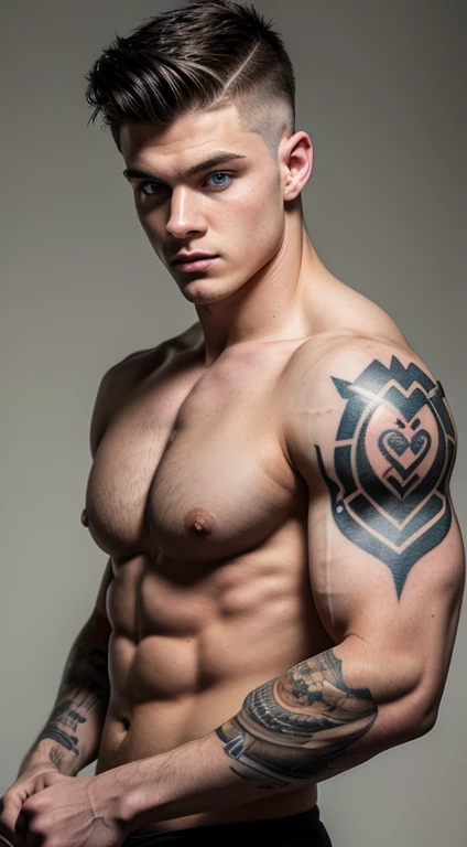 White young man, 18 years old, low taper fade haircut, black hair, blue eyes fixed, intense gaze, affiliated features, no facial hair, height 1.93, weight 96 kg, aesthetic muscular build, half sleeve tattoos ,broad shoulders, V-shaped body, full body focus, completely hairless,