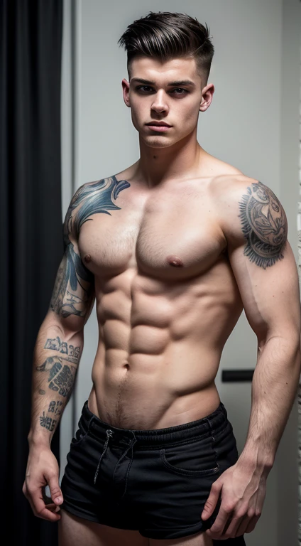 White young man, 18 years old, low taper fade haircut, black hair, blue eyes fixed, intense gaze, affiliated features, no facial hair, height 1.93, weight 96 kg, aesthetic muscular build, half sleeve tattoos ,broad shoulders, V-shaped body, full body focus, completely hairless,